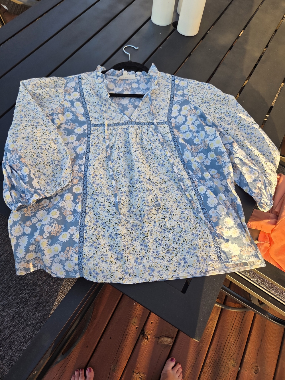 Solitaire Blue Floral Ruffle-Neck Blouse